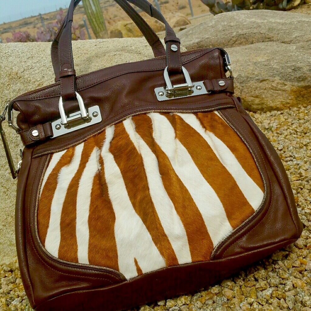 B. Makowsky Zebra Stripe Tote with Brown Leather
